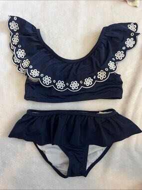 Janie and Jack Girls Navy Ruffle Two-Piece Swim Set with White Embroidery